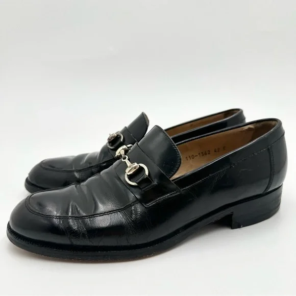Gucci Horsebit Shiny Black Dress Loafers Shoes # 110-1362 Size 42 E